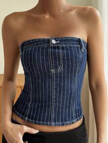 Livesso Áo hai dây denim kẻ sọc cài nút dáng casual dành cho nữ, đa năng cho mặc hàng ngày. - Rửa tối - Xem 6