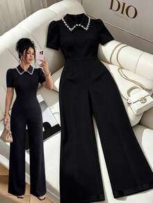 SHEIN Elenzya Bộ jumpsuit tay cánh hoa cổ ngọc trai đen, dáng suông ôm eo, thanh lịch, phù hợp cho cả công sở và phong cách tối giản thường ngày. - màu đen - Xem 3