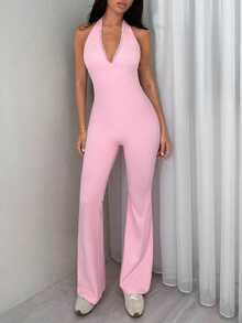 TRNVIE Mono de encaje con escote en V profundo, mono rosa ajustado informal para mujer - Rosa - Ver 5