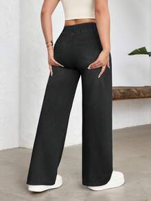 Pantalones vaqueros de pierna ancha, estilo casual deportivo, con elástico para mujer - Gris Oscuro - Ver 7