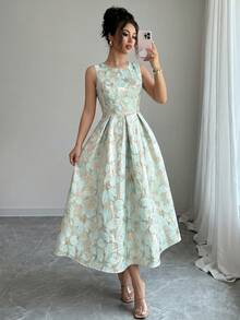 Elenzga 女士极简印花圆领无袖连衣裙 - 綠色 - 查看 5