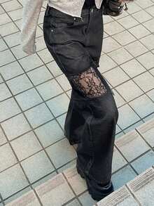 Dazy Tall 女士破洞蕾丝拼接宽松直筒休闲街头风牛仔裤 - 深灰色 - 查看 8