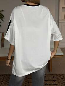 DAZY T-shirt décontracté imprimé en tissu semi-transparent, à manches courtes, col rond, avec patchwork de couleurs contrastées et lâche pour femmes - Blanc - Voir 4