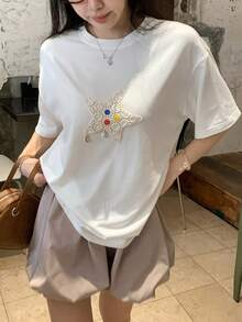 DAZY Women's Summer Round Neck Short Sleeve Loose Star Decor Casual T-Shirt - White - View 6