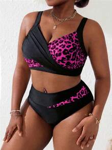 Slaydiva Plus Size Women 2pcs Black & Pink Splice Ruched Tankini Swimwear Set, Summer Beach Holiday - Multicolor - View 5