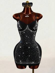 Mistrie Summer Sexy Spaghetti Strap Black Dress With Rhinestone Embellishment, Bodycon Fit For Party, Stage And Festival Occasions - Black - View 4