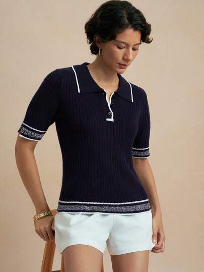 Uhlyne Uhlyne Navy Blue Collar With White Trim Fashionable Minimalist Elegant Casual Commute Vintage Style Women Short Sleeve Fitted Cropped Half-Zip Knit Top, Spring/Summer