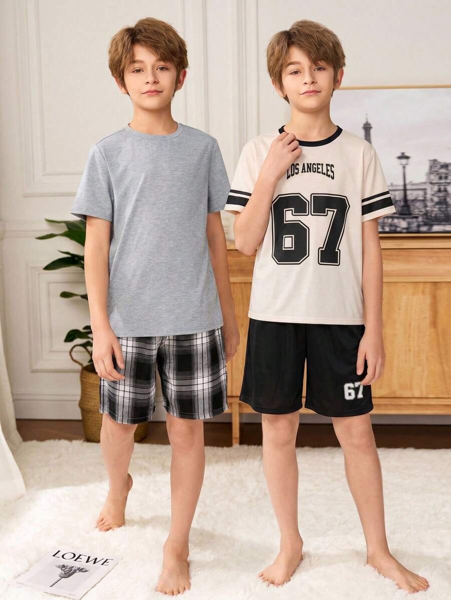 SHEIN 儿童青少年男童Y2K休闲简约英文字母数字67、6&7运动风复古美式撞色宽松舒适时尚圆领短袖T恤短裤套装，运动服，Y2K套装，SS26，夏季上衣，夏季短裤，夏季服装，男童套装，适合春夏、郊游、情人节、约会、旅行、度假、家庭聚会、返校、婚礼、晚宴、运动、生日派对等场合