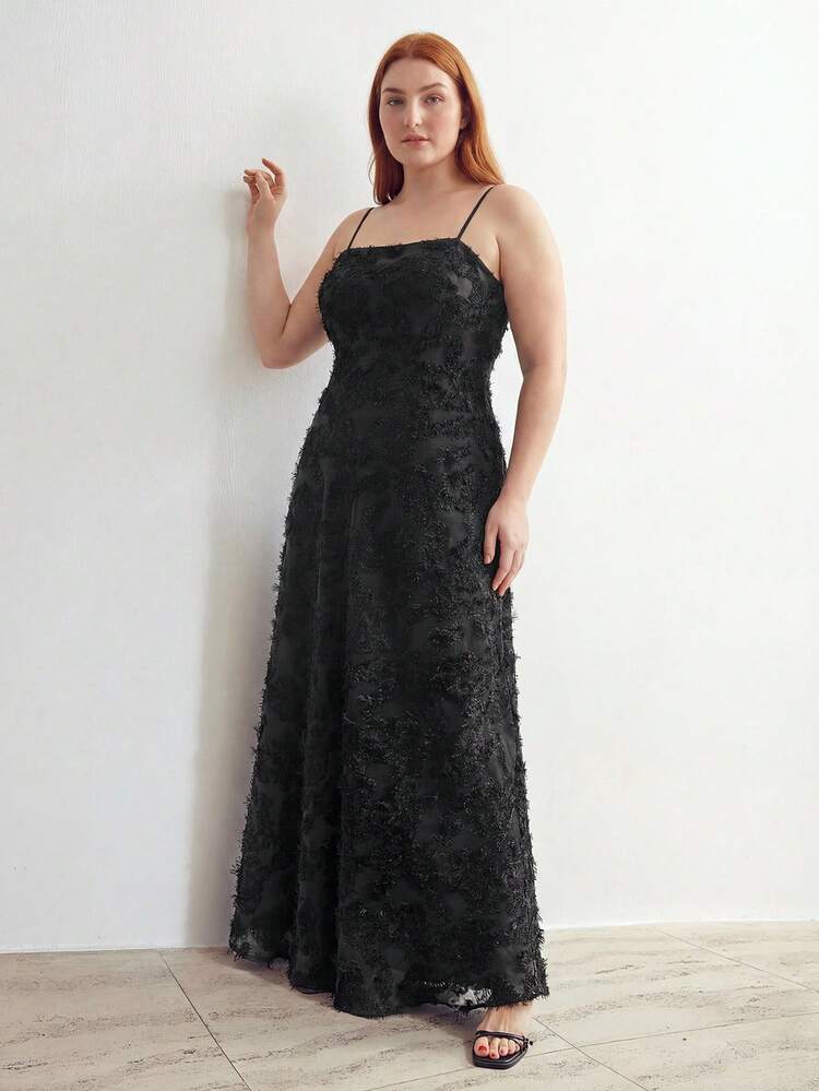 PLUS SIZE BLACK JACQUARD SPAGHETTI STRAP CINCHED WAIST DRESS