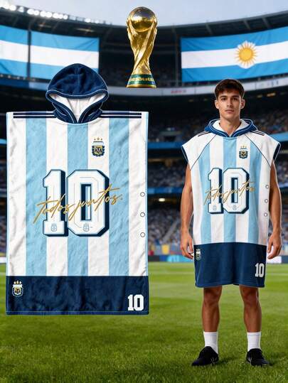 juxingdongli Áo choàng tắm có mũ trùm đầu đội tuyển bóng đá Argentina số 10, áo choàng tắm đội bóng có mũ, khăn tắm nhanh khô dùng được khi đi biển cho nam và nữ, áo choàng thay đồ thể thao cỡ lớn 115x75cm, quà tặng cho người hâm mộ ngày thi đấu.