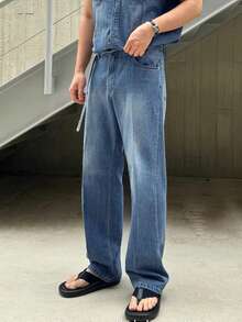 DAZY Men's Washed Blue Denim Short Sleeve Top And Relaxed Fit Pants Set With Belt Design Summer - Blue - View 8