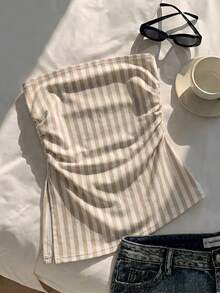 SHEIN EZwear Áo hai dây lửng dáng rộng tối giản, họa tiết sọc, vạt bất đối xứng, thích hợp mặc mùa hè. - Nhiều màu - Xem 5