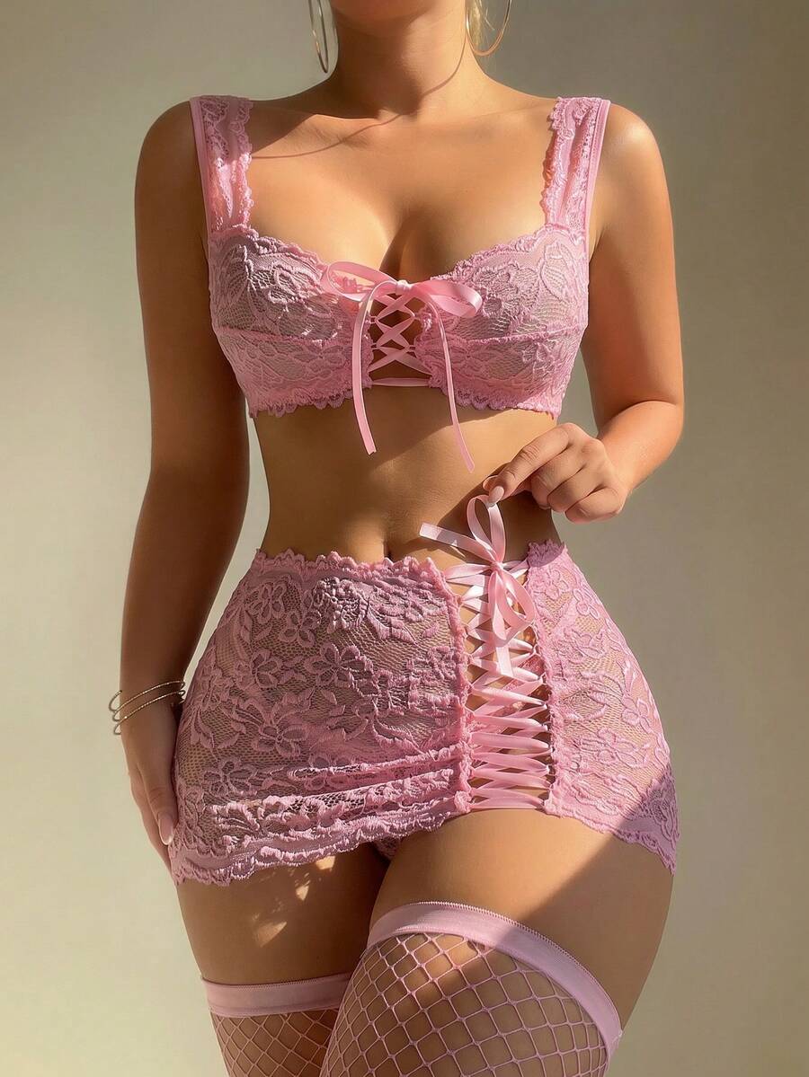 SHEIN 4pcs Lace Patchwork Tie-Up Sexy Mini Skirt & Stockings Lingerie Set - Pink - View 1