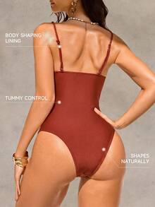 Shapewave Women's Solid Color Ruched One-Piece Swimsuit For Vacation - Brown - View 2