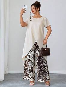 SHEIN Clasi 大码纯色衬衫和印花长裤两件套 - 彩色 - 查看 3