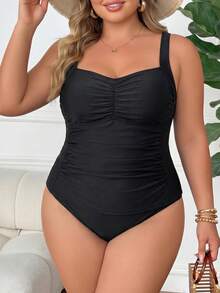 SHEIN CURVE+ Conjunto de tankini de baño de talla grande para mujer de unicolor con pliegues - Negro - Ver 4