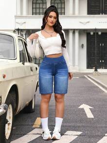 Flexra Quần short denim cạp cao dáng rộng, thích hợp cho mùa hè. - Màu xanh lam - Xem 5