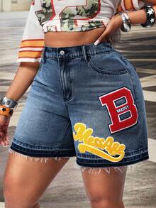 Slaydiva Plus Size Women's Non-Stretch Denim Shorts, American Retro Multicolor Letter Embroidered Pattern Straight Leg Jeans Shorts - Medium Wash - View 4