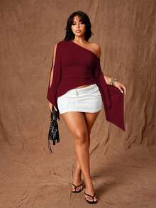 Rustia Plus Size Women Solid Color Oblique Shoulder Fitted Casual Top Fall - Red - View 6