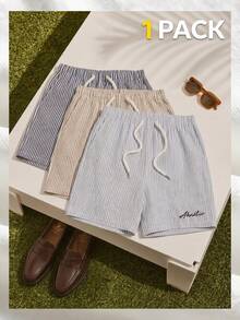 AKNOTIC Men's Casual Letter Print Drawstring Waist Striped Woven Shorts, Summer - Blue - View 2