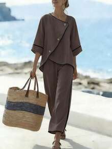 SHEIN Holidaya Bộ đồ nữ thường ngày kiểu dáng nghỉ dưỡng, gồm 2 mảnh, cổ áo bất đối xứng phối màu tương phản, tay lửng 3/4 và quần ống đứng, màu trơn, thích hợp mặc đi làm, mặc hàng ngày và ở nhà, ống rộng cạp trung bình, gấu quần bất đối xứng, phù hợp cho mùa xuân, hè và thu. - Nhiều màu - Xem 4