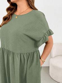Shapeblank Plus-Size Women's Sage Green Summer Smart Casual Holiday Midi Dress,Ruffled Sleeves Pocket Loose Comfortable Everyday Basic Versatile Style - Mint Green - View 5