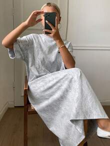 DAZY 女士二合一蕾丝复合面料休闲长款T恤裙，针织连衣裙，女士太阳裙 - 淺灰色 - 查看 5