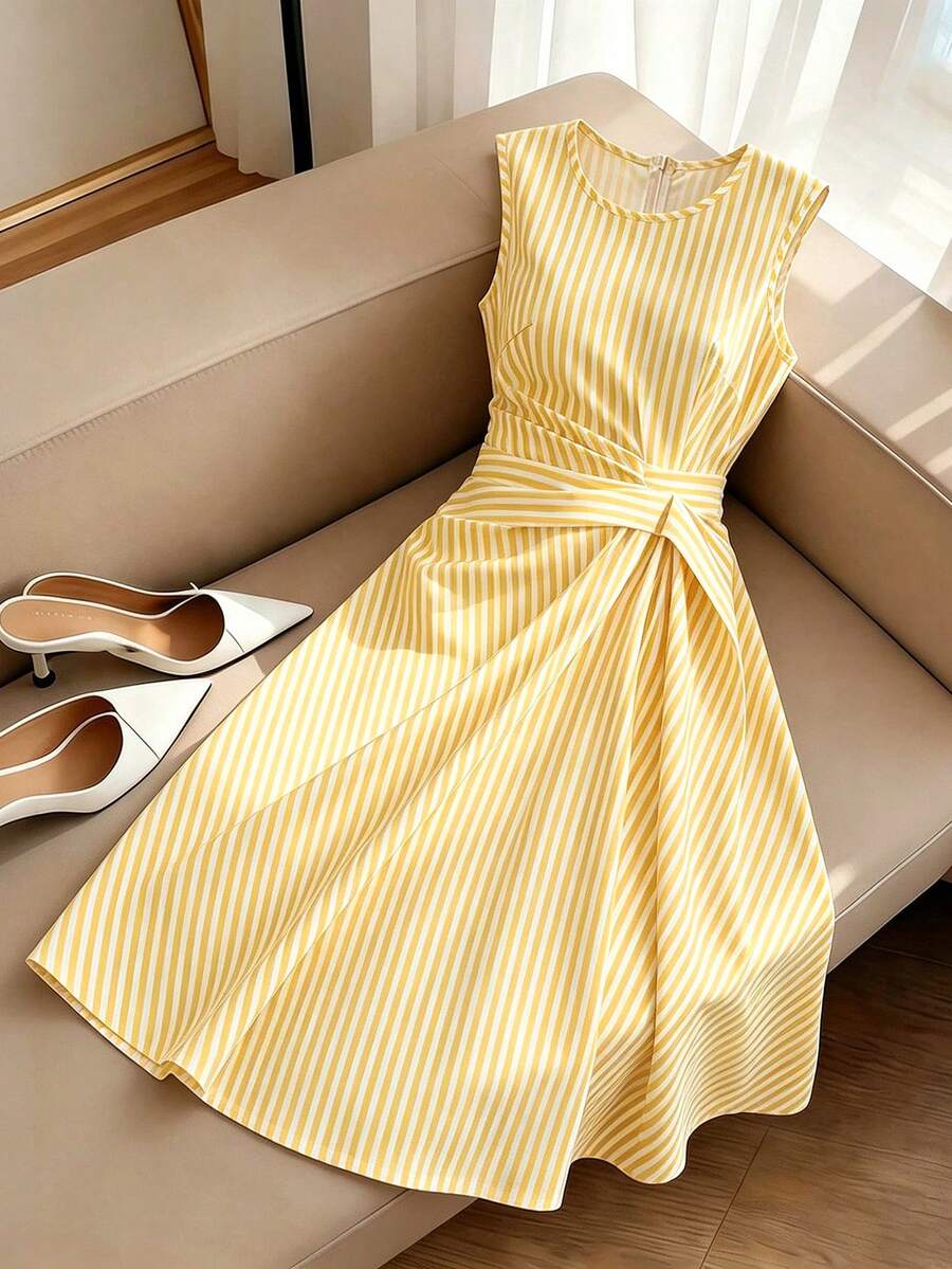 GlowEve Đầm midi dáng xòe, không tay, thắt eo, kẻ sọc, thời trang mới, thanh lịch cho mùa hè và kỳ nghỉ của phụ nữ. - Màu vàng - Xem 1