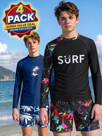 SHEIN 2pcs/Set Teen Boy Casual Vacation Printed Long Sleeve Swimsuit And Swim Trunks