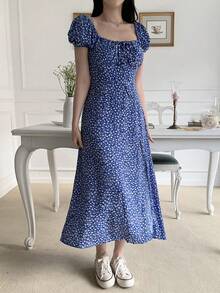 DAZY Women's Casual Ditsy Floral High Slit Mid-Length Dress, Summer - Baby Blue - View 3
