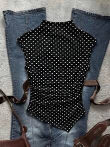 SHEIN Áo croptop ôm sát họa tiết chấm bi chất dệt kim cho bé gái tuổi teen, gấu nhún bất đối xứng, tay ngắn phong cách casual chic, phù hợp mùa xuân/hè, đi học, phối đồ mẹ và bé - màu đen - Xem 6