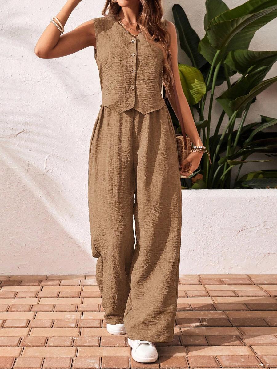 SHEIN Frenchy Bộ đồ hai mảnh nữ màu trơn, áo và quần cài cúc đơn, kiểu dáng thường ngày. - gừng - Xem 1