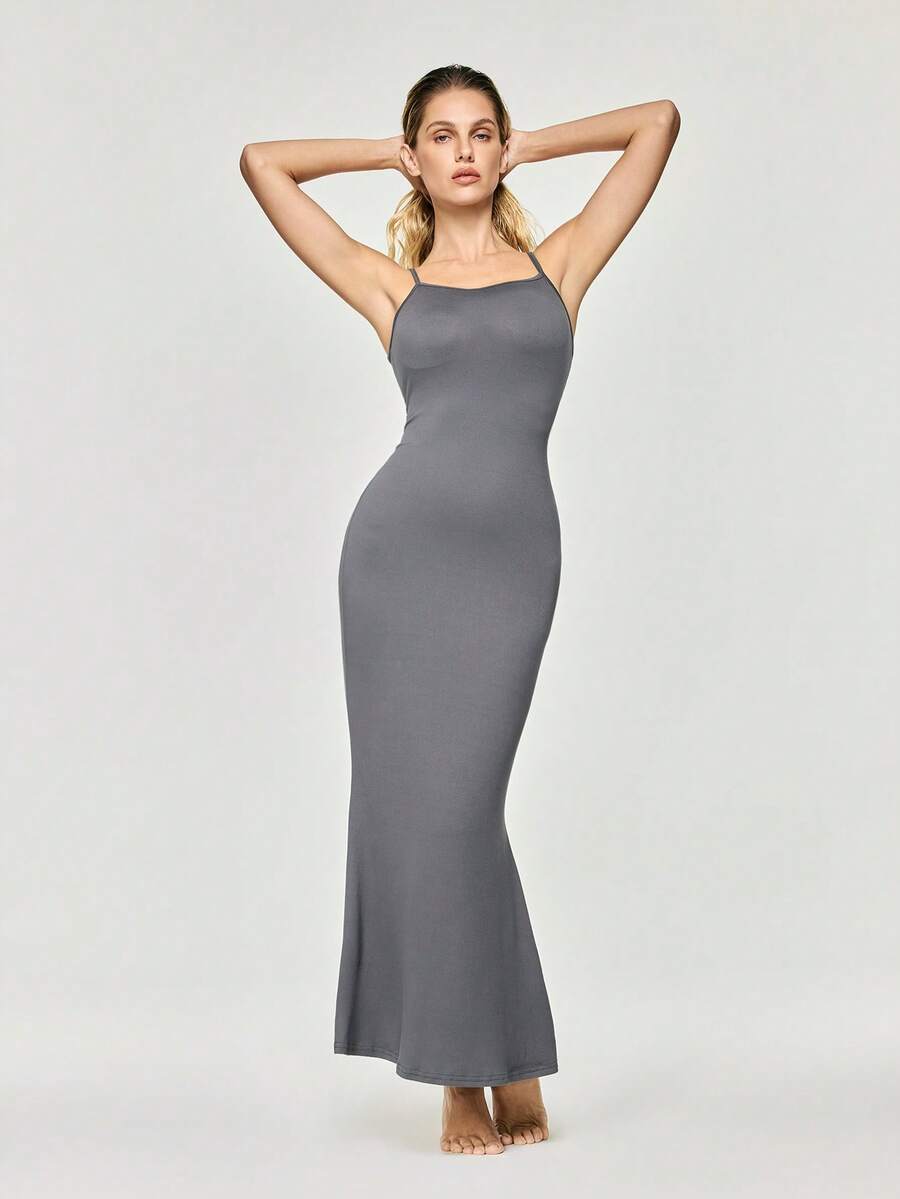 SHAPORA Wave Trim Cami Night Dress, Long Dress - Dark Grey - View 1