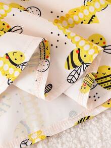 SHEIN Playful Pals 女嬰可愛卡通蜜蜂印花對比色綁肩無袖A字軟休閒洋裝，夏季 - 黃色 - 查看 7