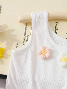 SHEIN Elladie kids 少女花卉細肩帶腰部連身褲，藍白配色，甜美舒適，大花卉腰帶，女孩夏季休閒穿搭 - 粉色 - 查看 7