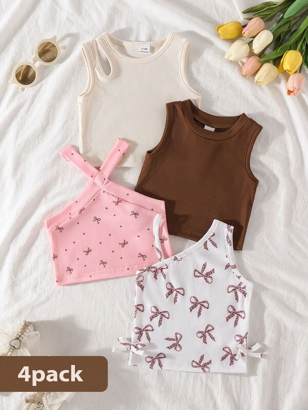 SHEIN Playful Pals Bộ đồ 4 món lấy cảm hứng từ Dopamine cho bé gái, họa tiết bướm ngọt ngào và áo ba lỗ màu trơn, nhẹ nhàng, mềm mại và thân thiện với làn da, thích hợp cho mùa hè.