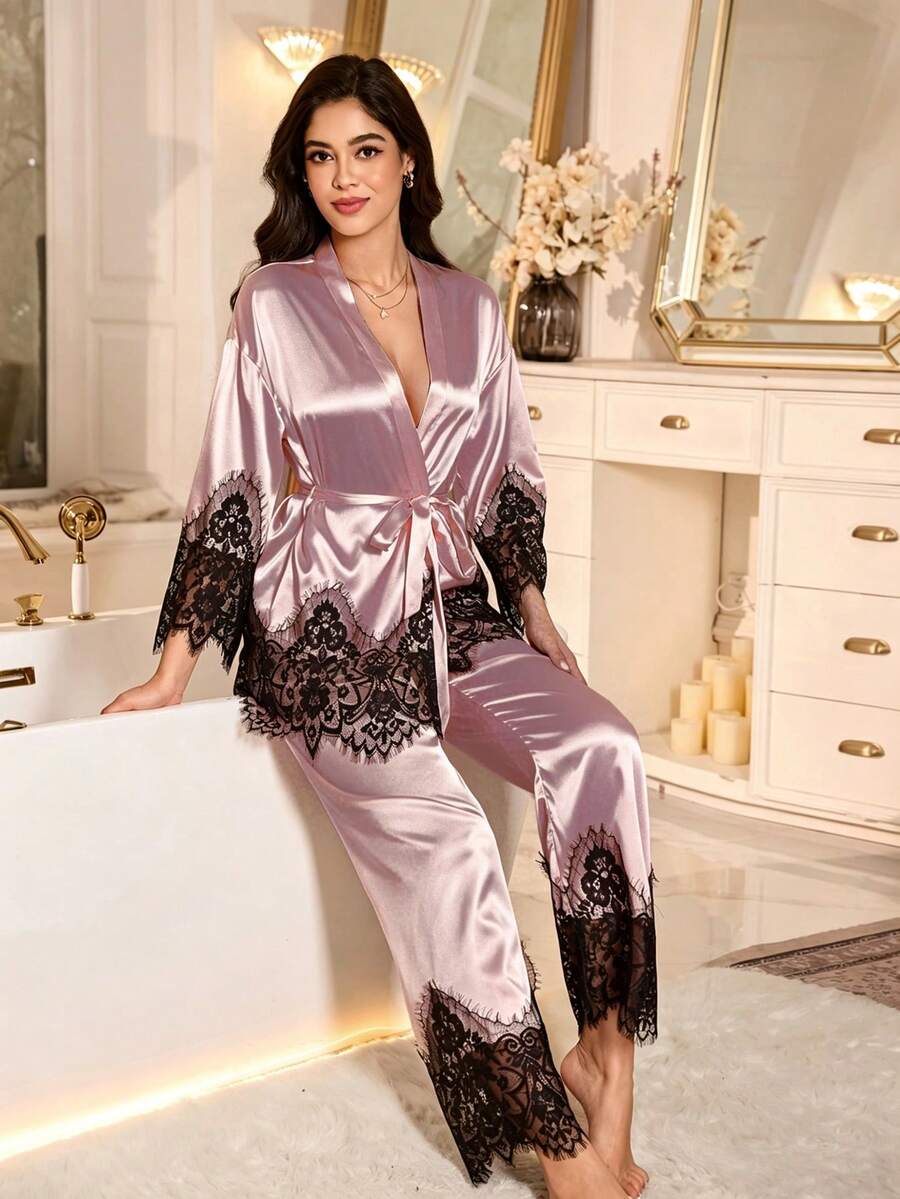 LuxeNights 两件套女士丝滑缎面优雅长袖睡衣套装,带蕾丝边,适合所有季节 - 粉色 - 查看 1