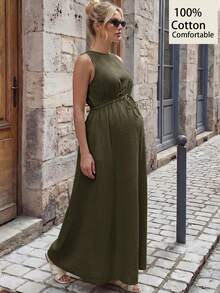 MaterniWear Maternity Solid Color Round Neck Pleated Casual Vacation Dress - Army Green - View 3