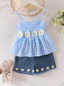 SHEIN Elladie kids 两件套女童休闲通勤甜美蝴蝶结吊带背心，蓝白拼接花卉装饰，搭配牛仔短裤，春夏乡村风儿童夏季套装 - 藍色 - 查看 5