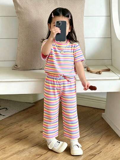 Elladie kids 2pcs/Set Toddler Girls' Colorful Textured Striped T-Shirt & Flare Pants Set, Knit Fabric, Round Neck Short Sleeve Top Paired With Colorful Striped Textured Knit Casual Flare Pants, Suitable For Baby Girls' Cute & Casual, Comfortable Outfit For Daily Wear, Outings, Parties, Spring/Summer Girls Clothes Summer Outfit.