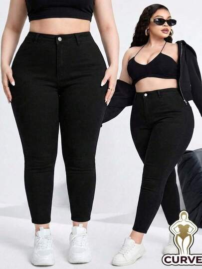 Pantalones Vaqueros Ajustados de Talla Grande para Mujer - Negros Elásticos y Cómodos, Jeans ajustados elásticos con curvy