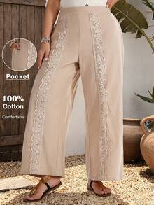 EMERY ROSE Women's Plus Size Summer Boho Vacation Holiday Beige Lace Patchwork Wide Leg Pants With Pockets, Casual Country Concert Beach Outfits - Khaki - View 2