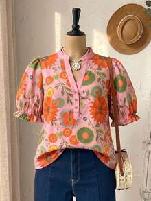 Rusticease Plus Size Women's Pink Floral V-Neck Ruched Summer Boho Vacation Holiday Blouse,Loose Fit Vintage Country Short Sleeve Daily Wear Tops - Coral Pink - View 7