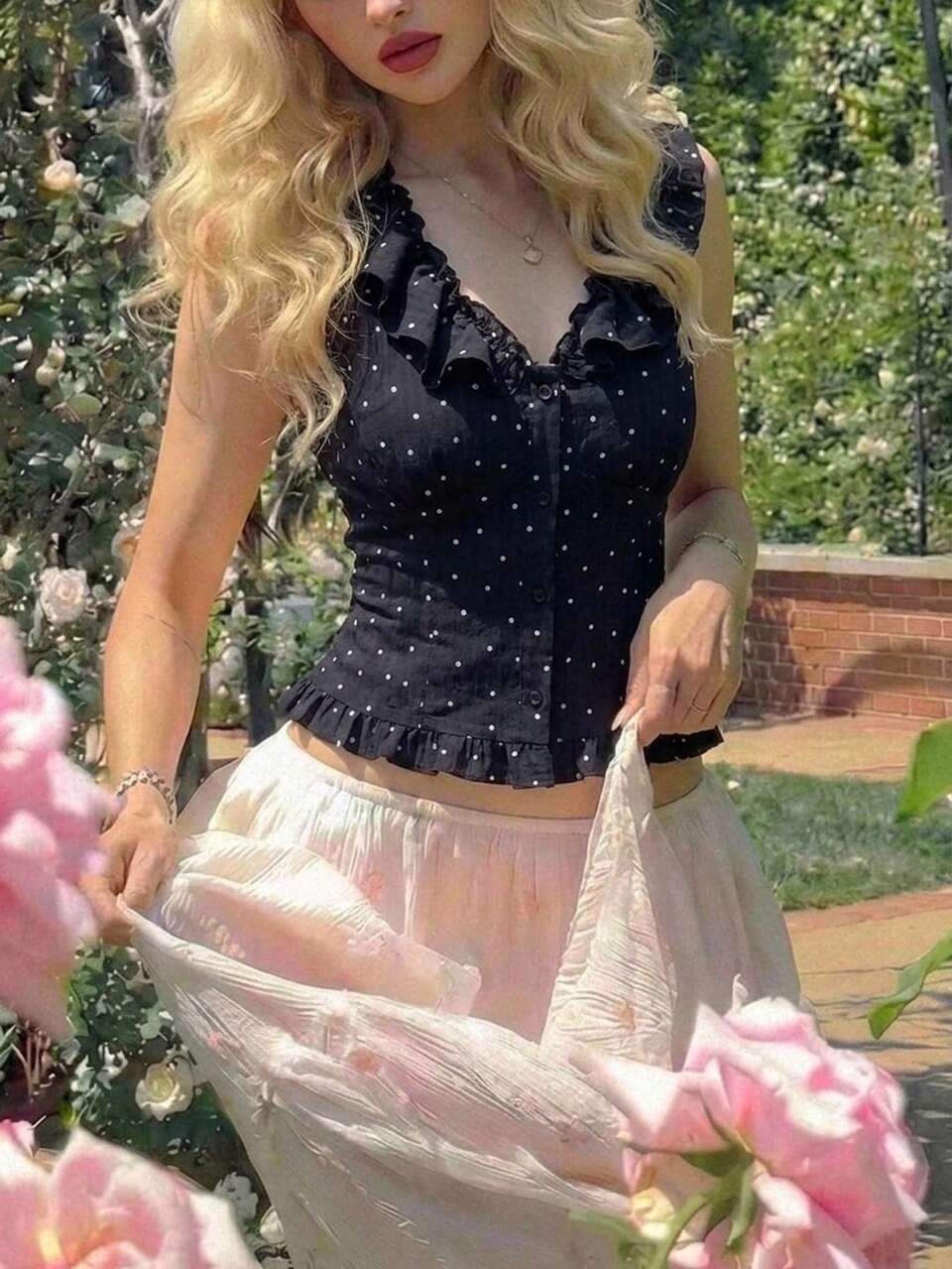 Summer Black And White Polka Dot Lace Blouse, Fashion Party Everyday Dress, Elegant Sleeveless Vest With Ruffle Trim, Short Sleeve Shirt For Women