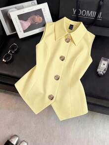 Franclia Pure White Sleeveless Vest, Draping Fabric Slim And Neat, A-Line Asymmetric Hem With Rose Gold Buttons, Creating Elegant Commuter And Urban Chic Style - Yellow - View 1