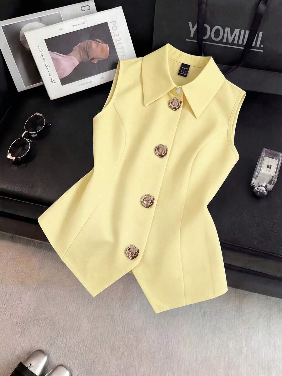 Franclia Pure White Sleeveless Vest, Draping Fabric Slim And Neat, A-Line Asymmetric Hem With Rose Gold Buttons, Creating Elegant Commuter And Urban Chic Style - Yellow - View 1