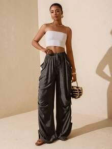 Vesra Women's Solid Color Side Ruched Drawstring Pocket Pants - Brown - View 6