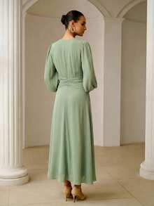 ZEYLAH Vestido elegante y romántico con cintura ceñida y fruncido, para primavera/verano - Verde - Ver 5