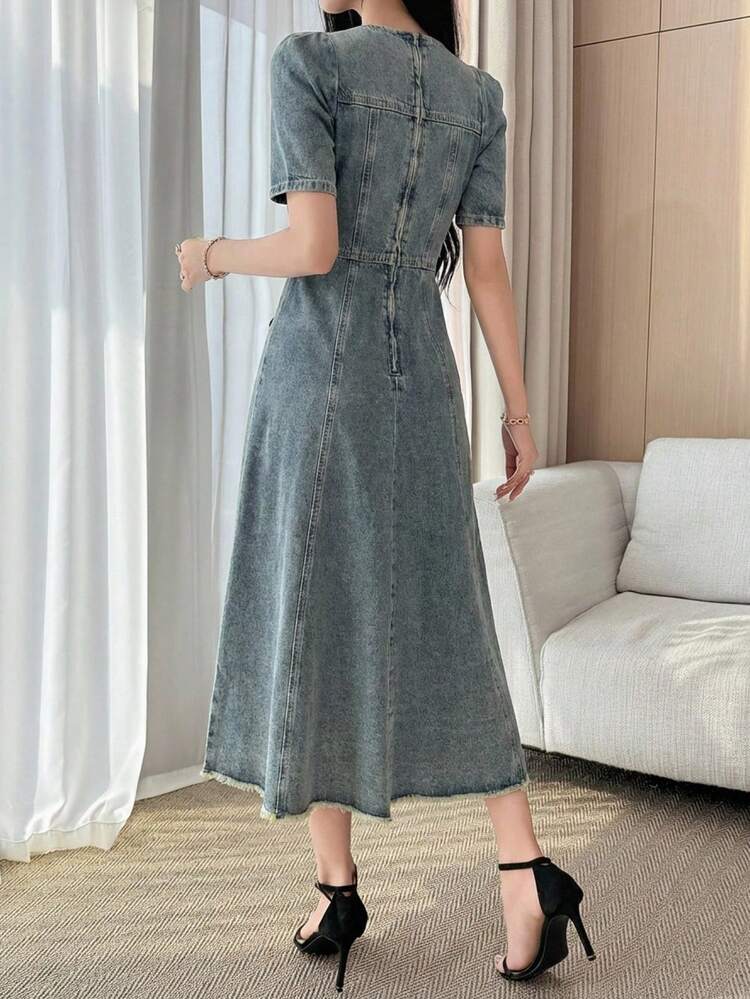 Women's Square Neck Waist Gathered A-Line Washed Denim Casual Dress, Suitable For Spring And Summer Sun Dresses For Women