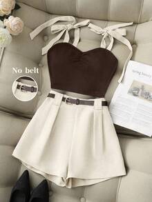Franclia Bộ đồ hè mới gợi cảm gồm áo hai dây, áo croptop xếp ly phía trước thắt nơ phối màu tương phản và quần short kaki, trang phục 2 mảnh cho nữ mùa xuân/hè, bộ đồ thường ngày, thích hợp cho kỳ nghỉ, hẹn hò. - màu nâu - Xem 1